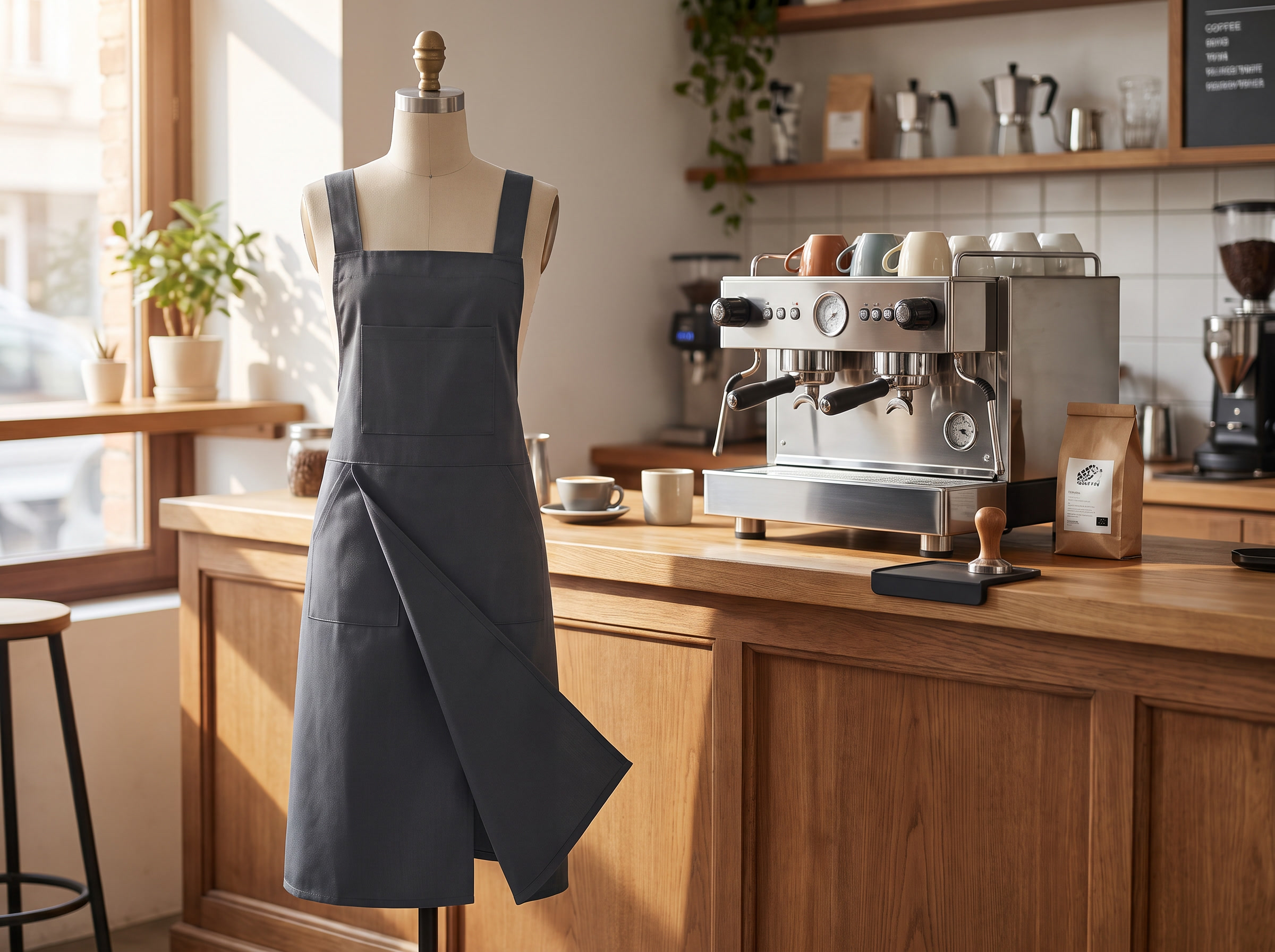Solid color kitchen apron displayed beside a cafe counter with a coffee machine in warm light
