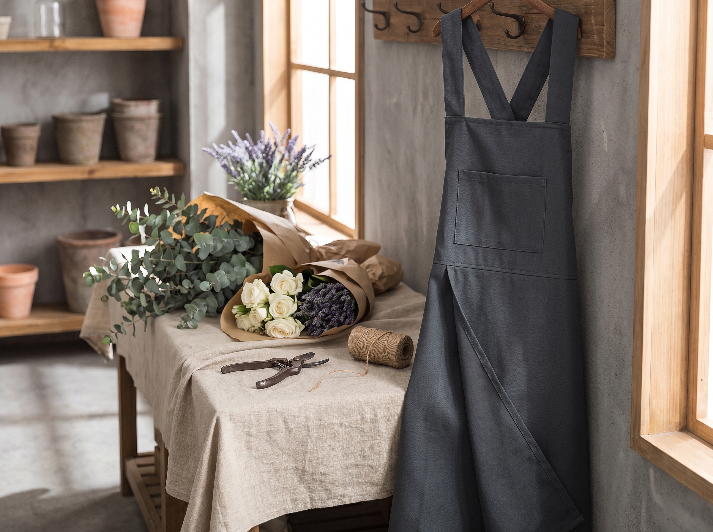 Apron hanging beside a florist bench with wrapped bouquets and shears on a linen cloth