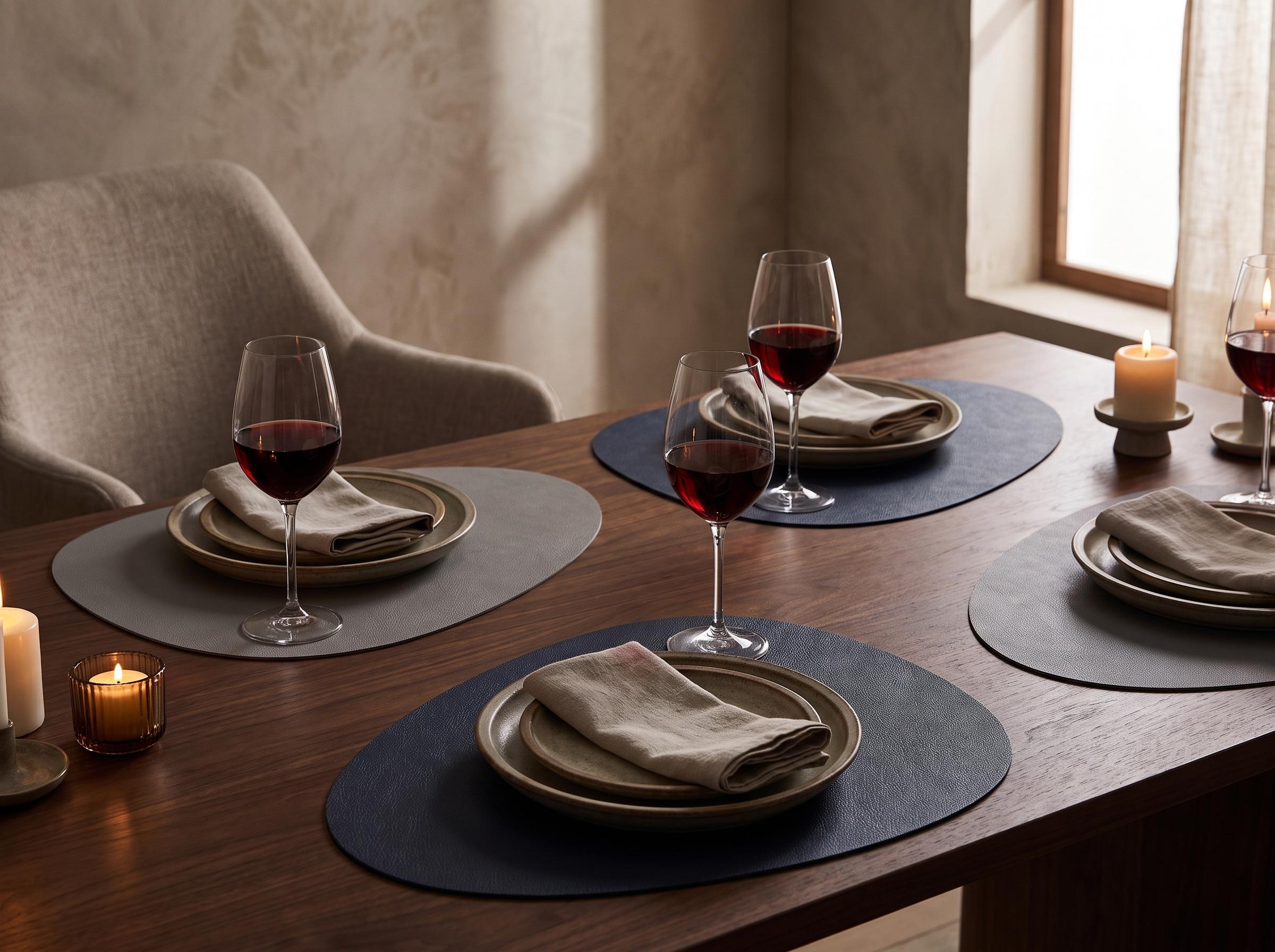 Set of four waterproof leather placemats laid on a walnut dining table with ceramic plates and linen napkins