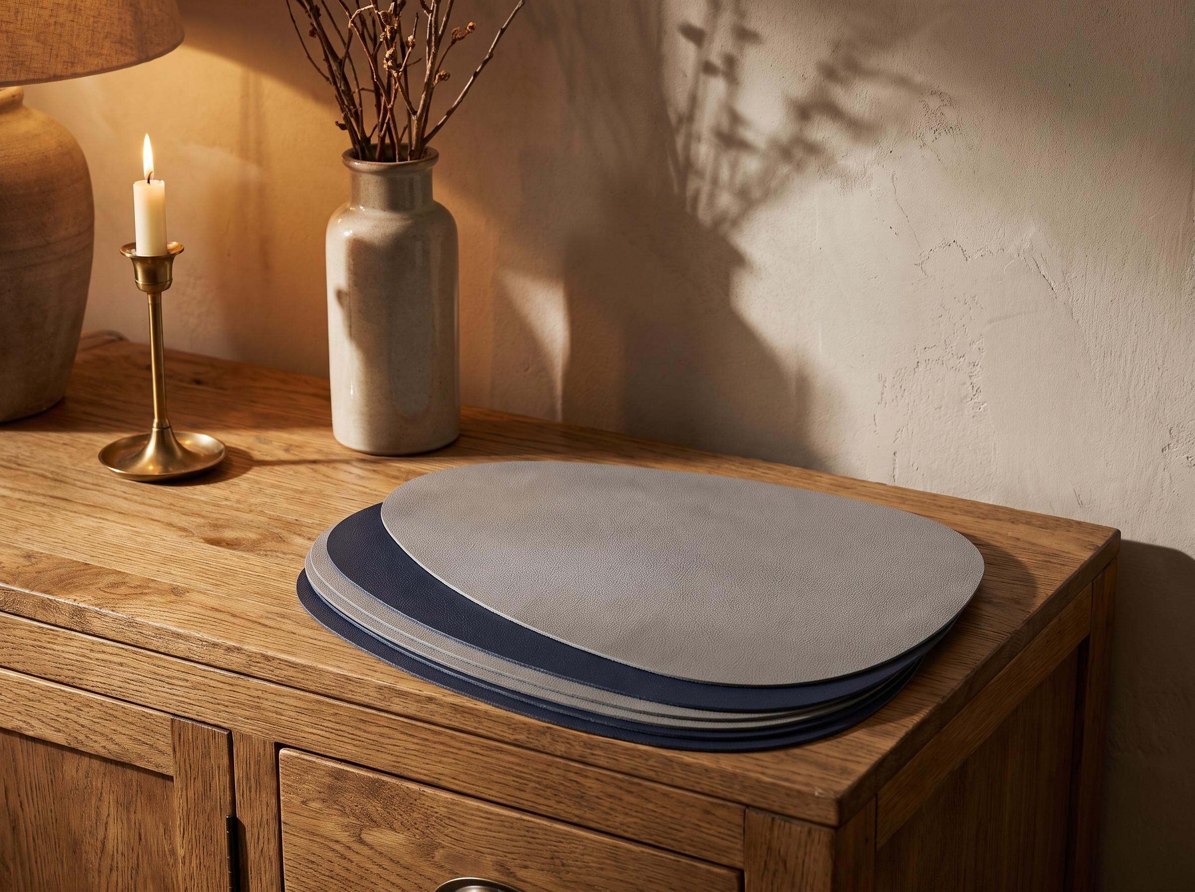 Stack of leather placemats resting on an oak sideboard beside a ceramic vase in a styled dining room