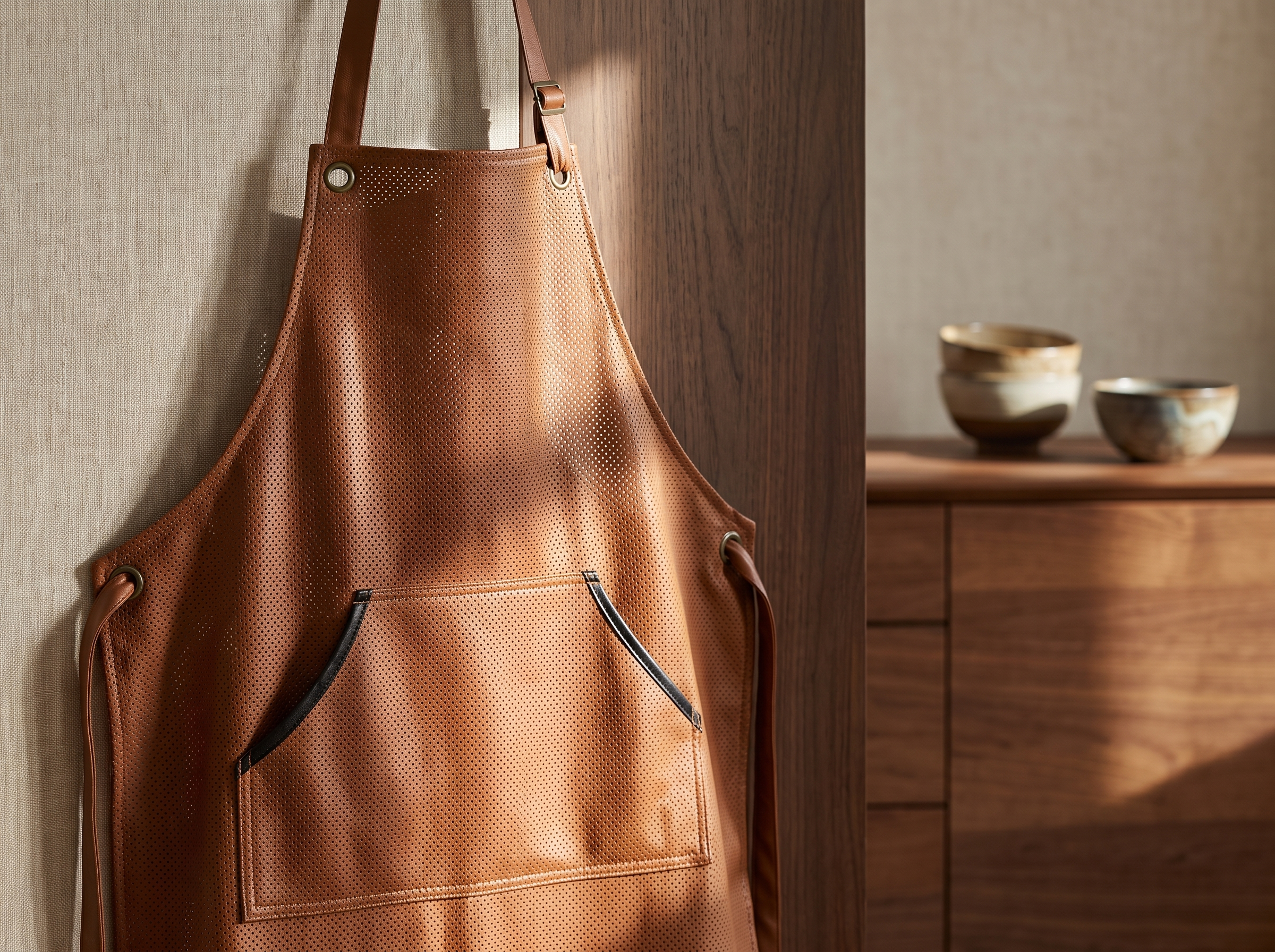 Detail of the perforated breathable leather apron panel with light passing through the texture