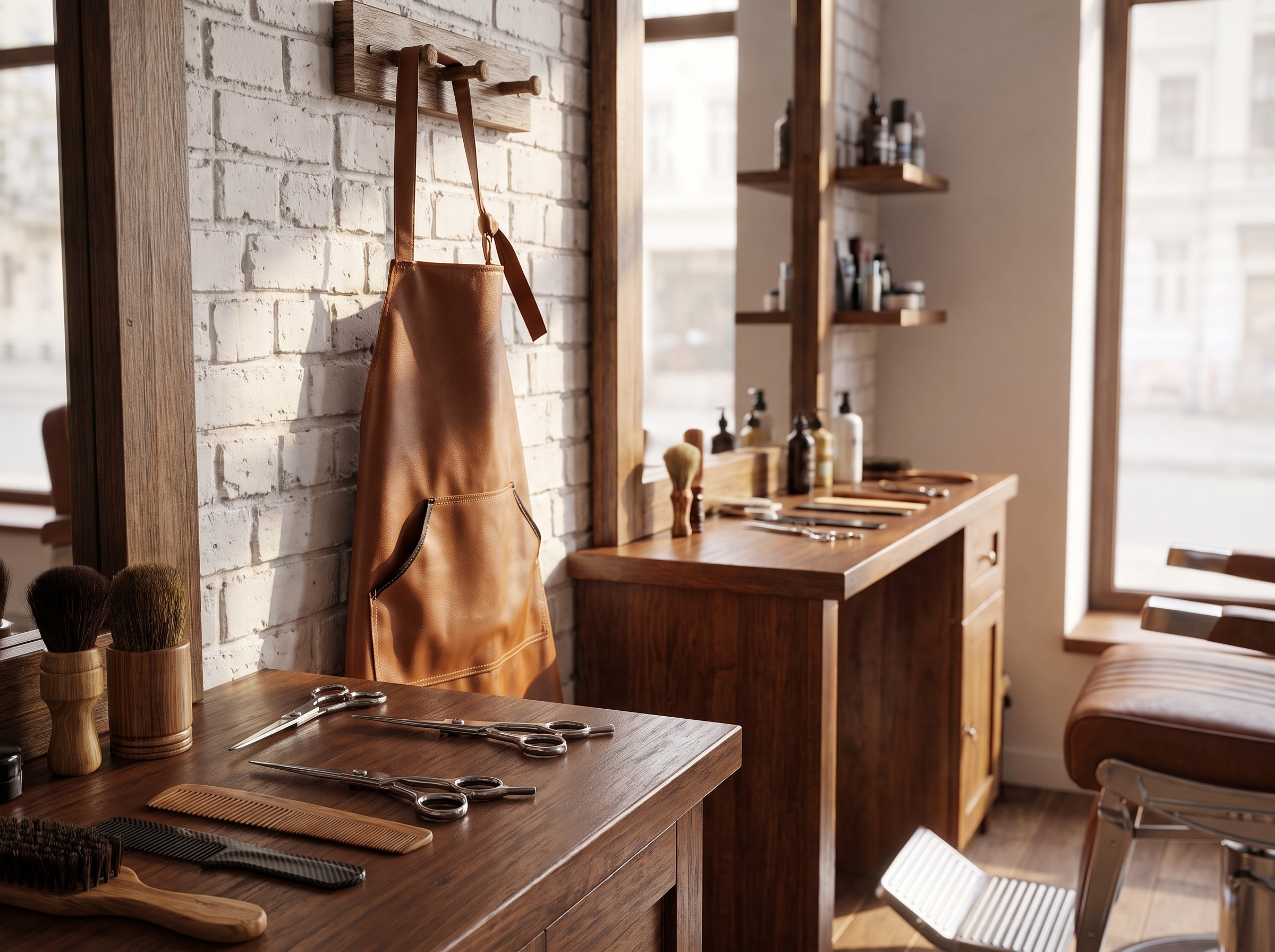 Leather work apron hanging on a wooden peg in a barber shop with scissors and combs on the counter