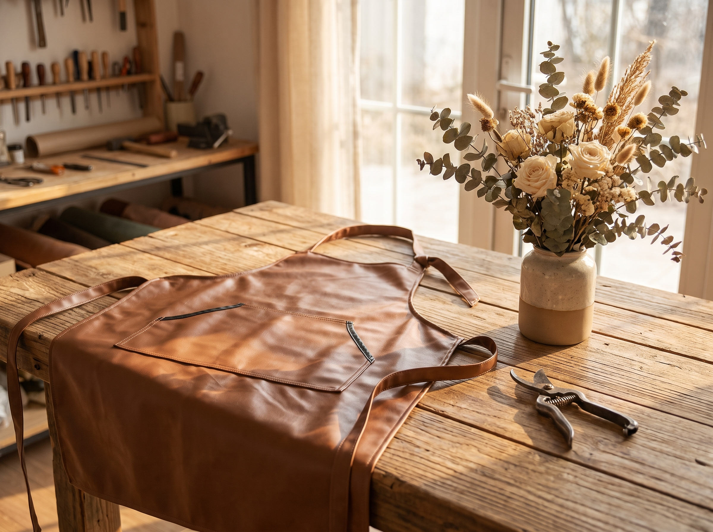 Leather apron styled on a workbench beside a flower arrangement and a pair of shears in warm daylight