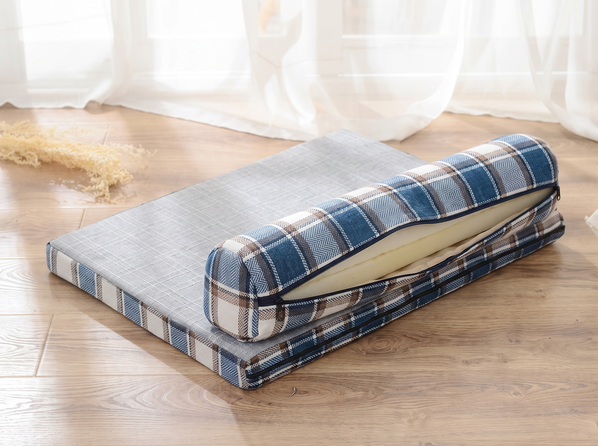 Linen dog sofa bed with the cushion cover partly unzipped on a light wood floor in a sunlit room