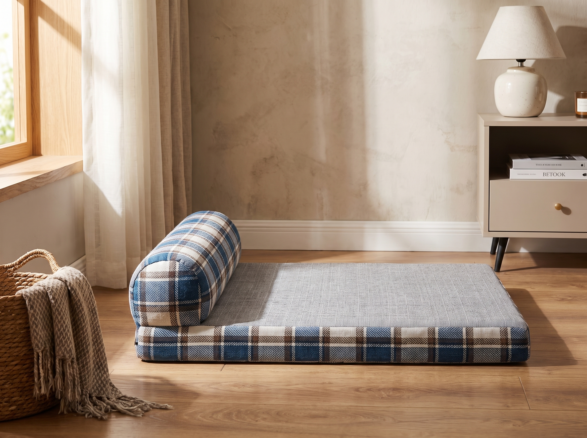 Side profile of the linen dog sofa bed showing the round headrest and thick foam cushion in a styled bedroom corner