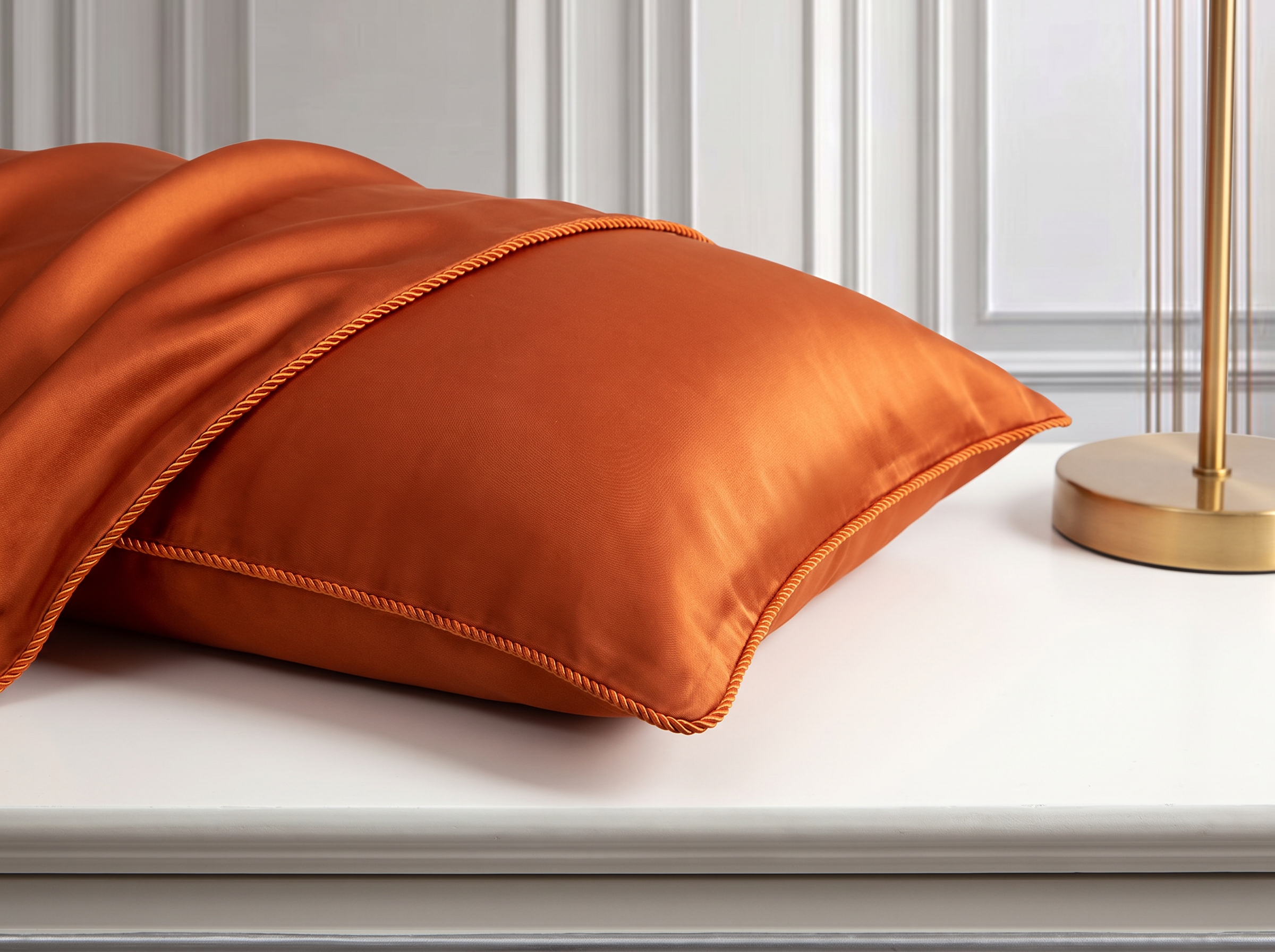 Close detail of the silk pillowcase surface showing the inlaid rope edge and natural luster