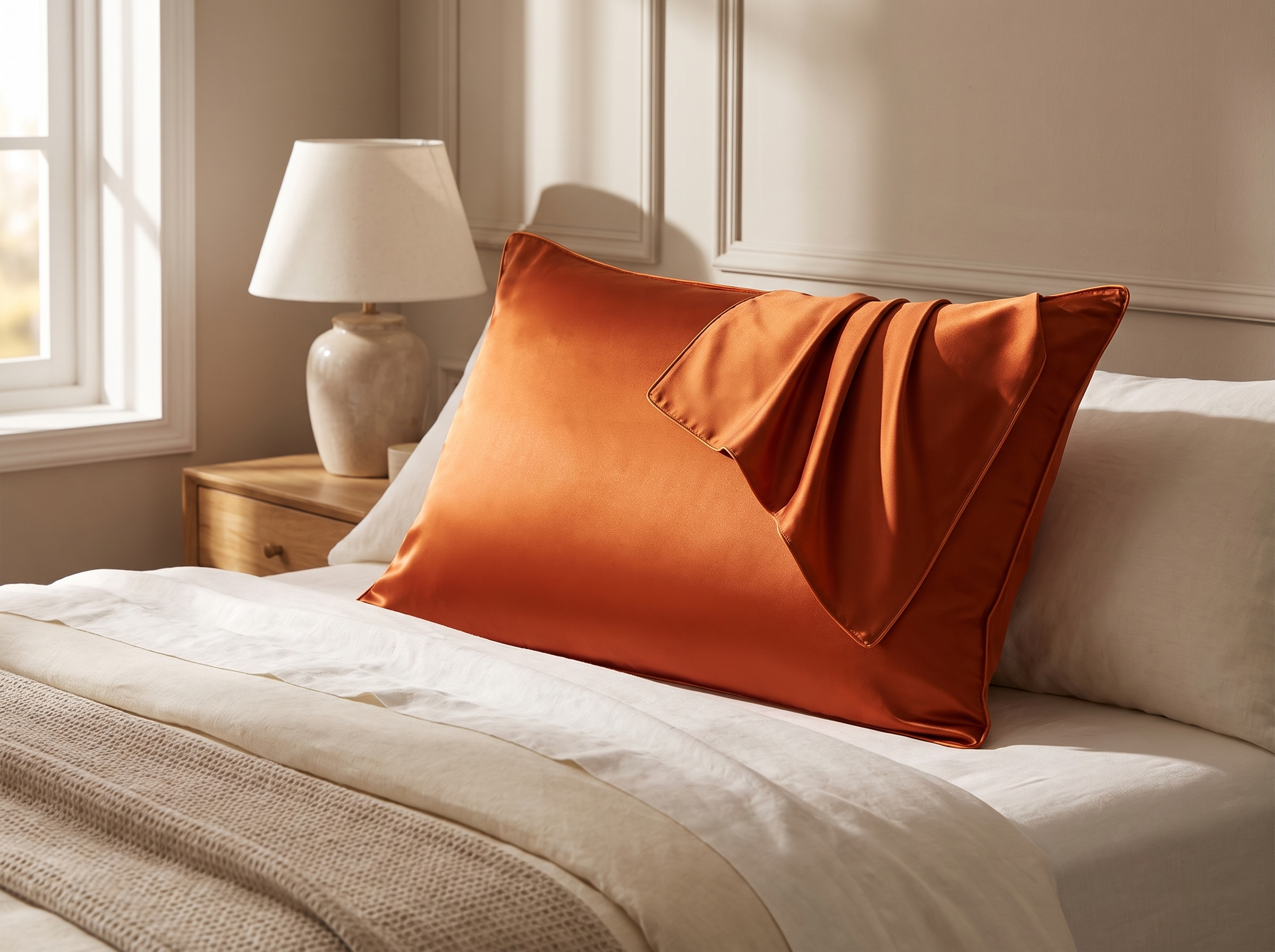Mulberry silk pillowcase on a made bed with morning light raking across the sheen of the fabric