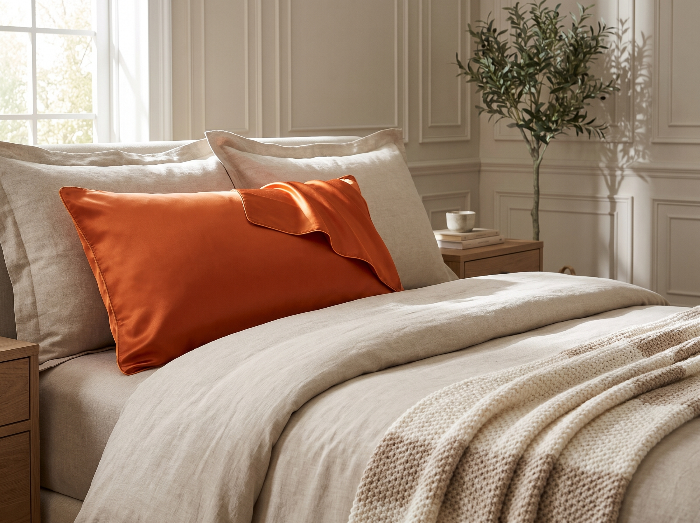 Silk pillowcase styled on a neutral linen bed with a folded throw at the foot in soft daylight