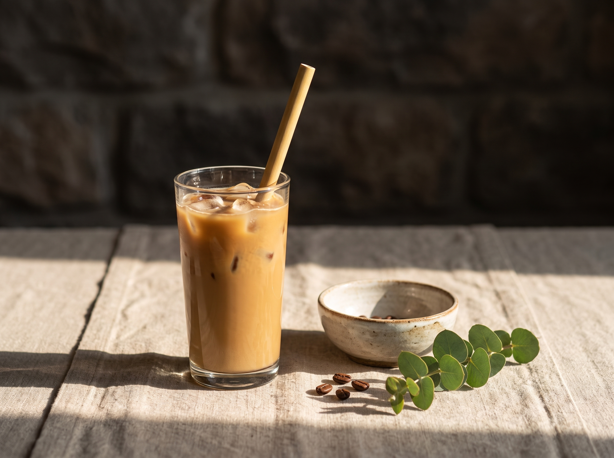 Natural bamboo straw in a glass of iced coffee on a linen covered table in warm morning light