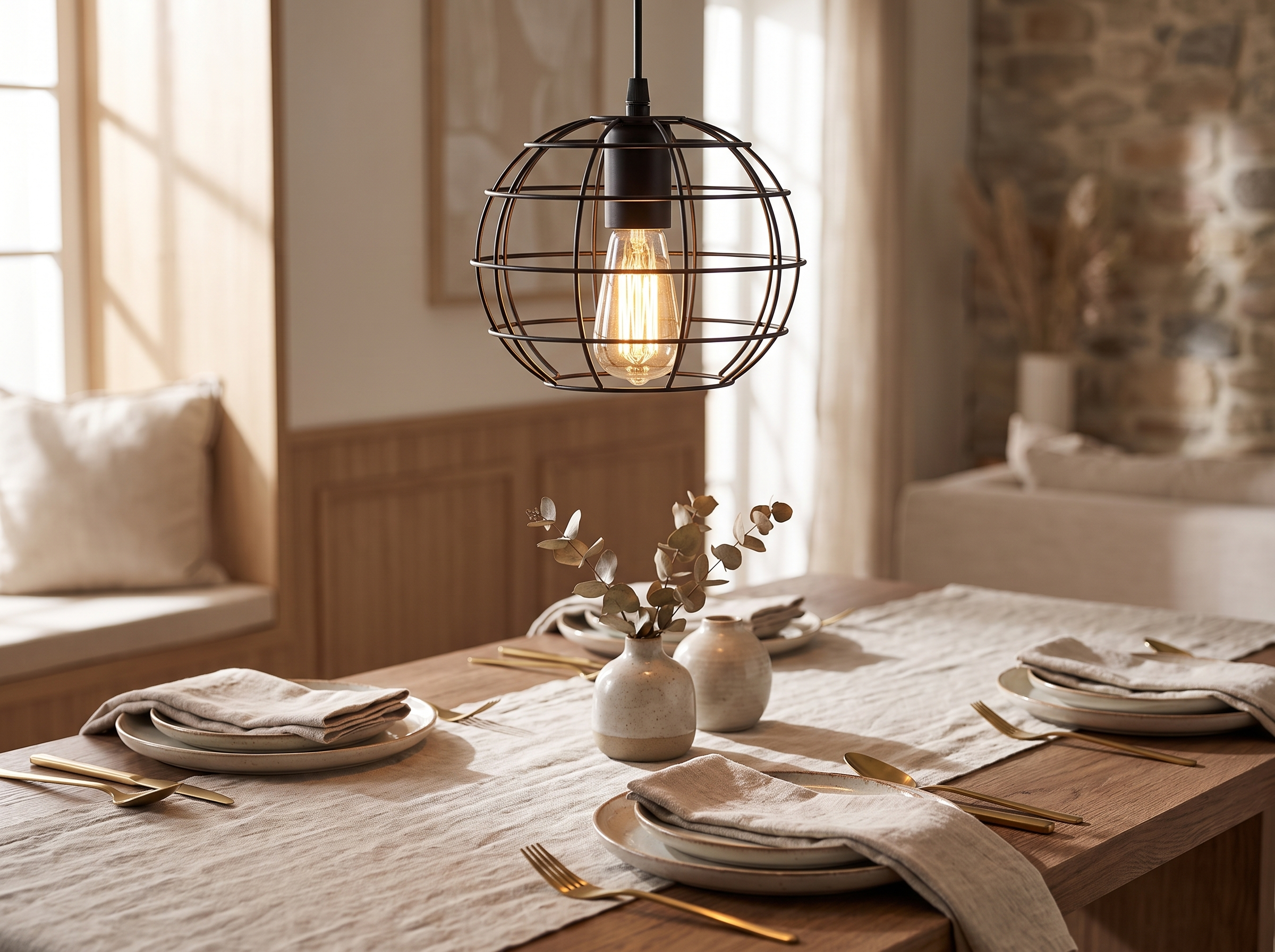 Close view of the pendant lamp glowing warmly above a set table with ceramic plates and a linen runner