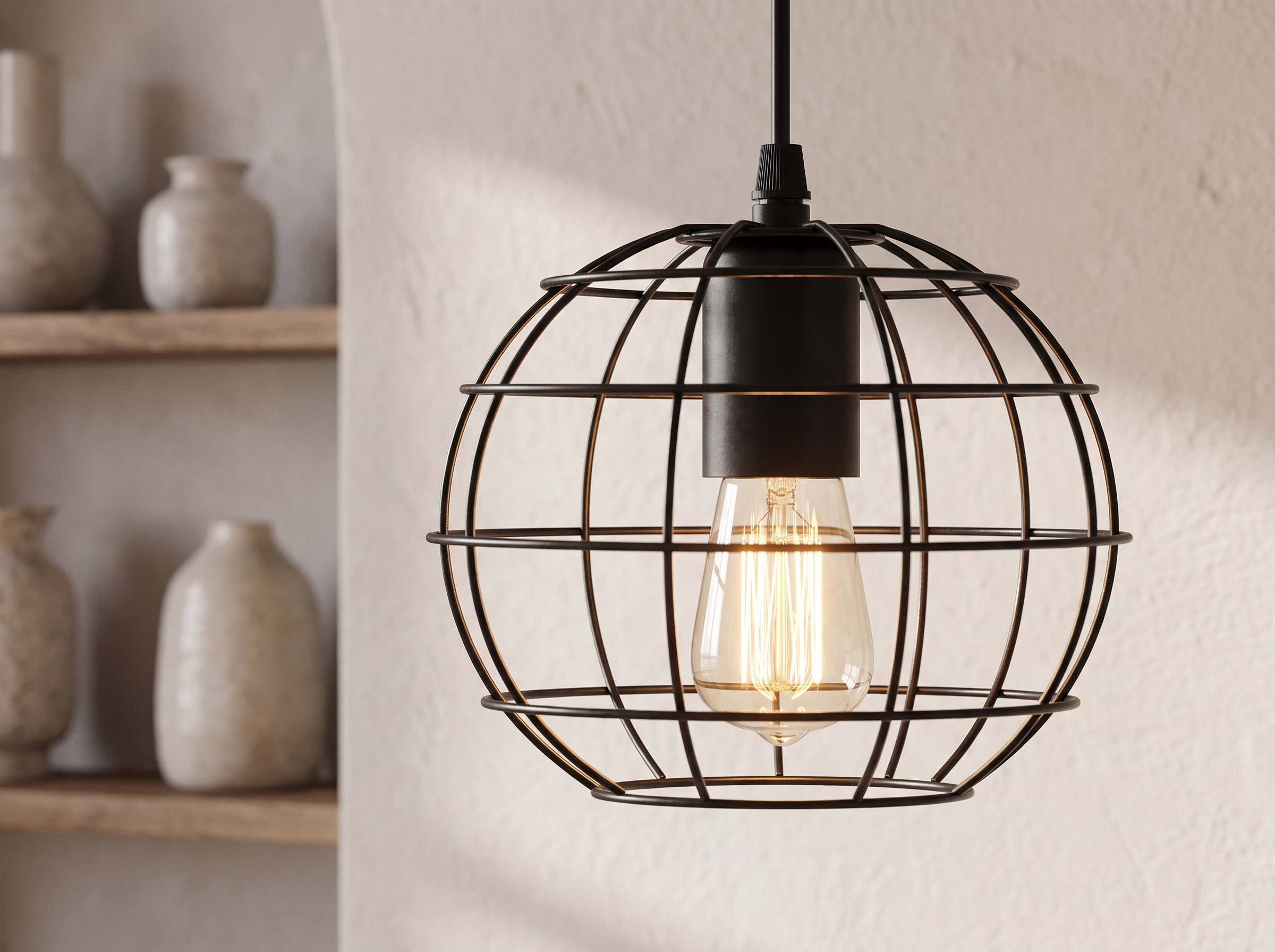 Detail of the stainless steel pendant lamp frame and socket against a pale plaster wall