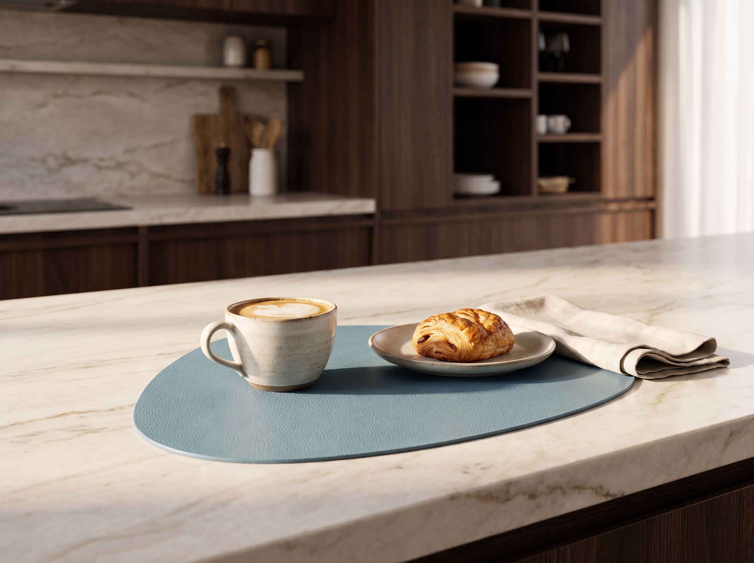 Oval leather placemat on a marble counter holding a coffee cup and pastry plate