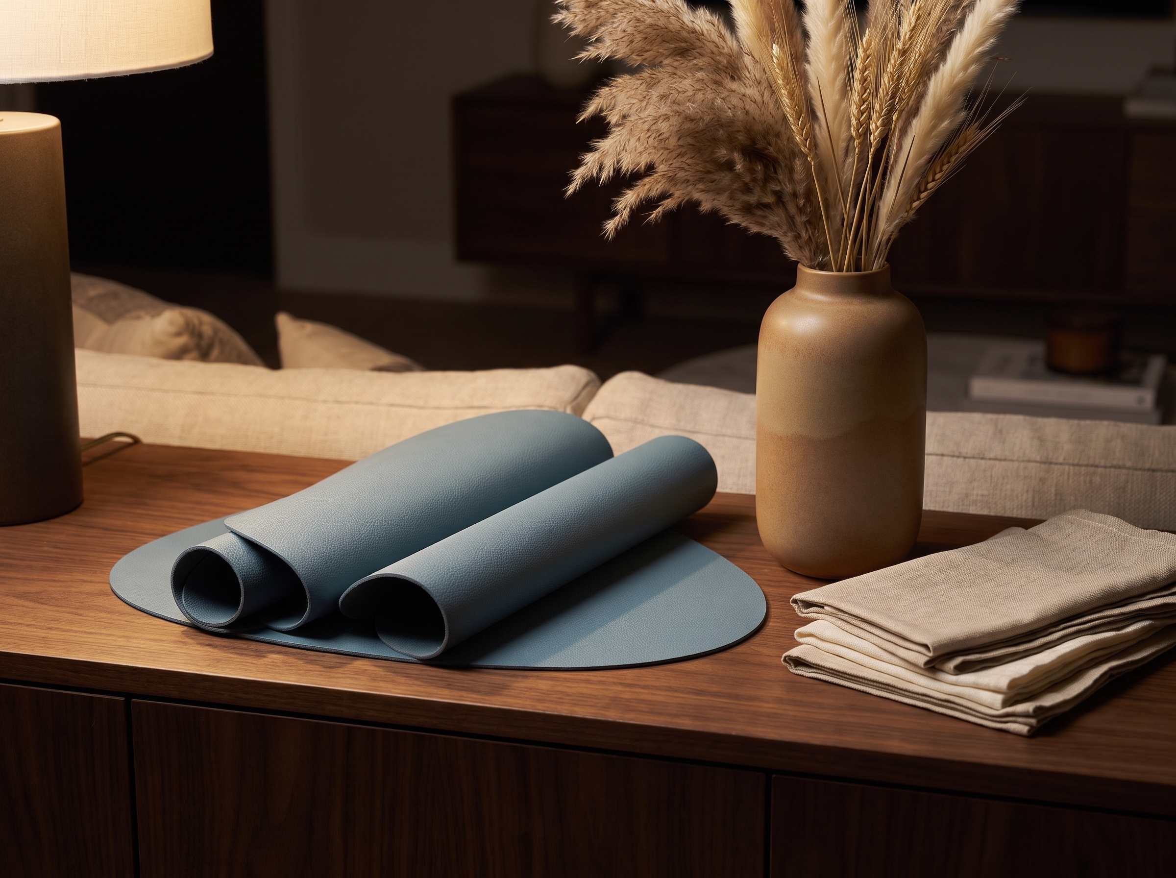 Oval leather placemats rolled and resting on a wooden sideboard beside a ceramic vase
