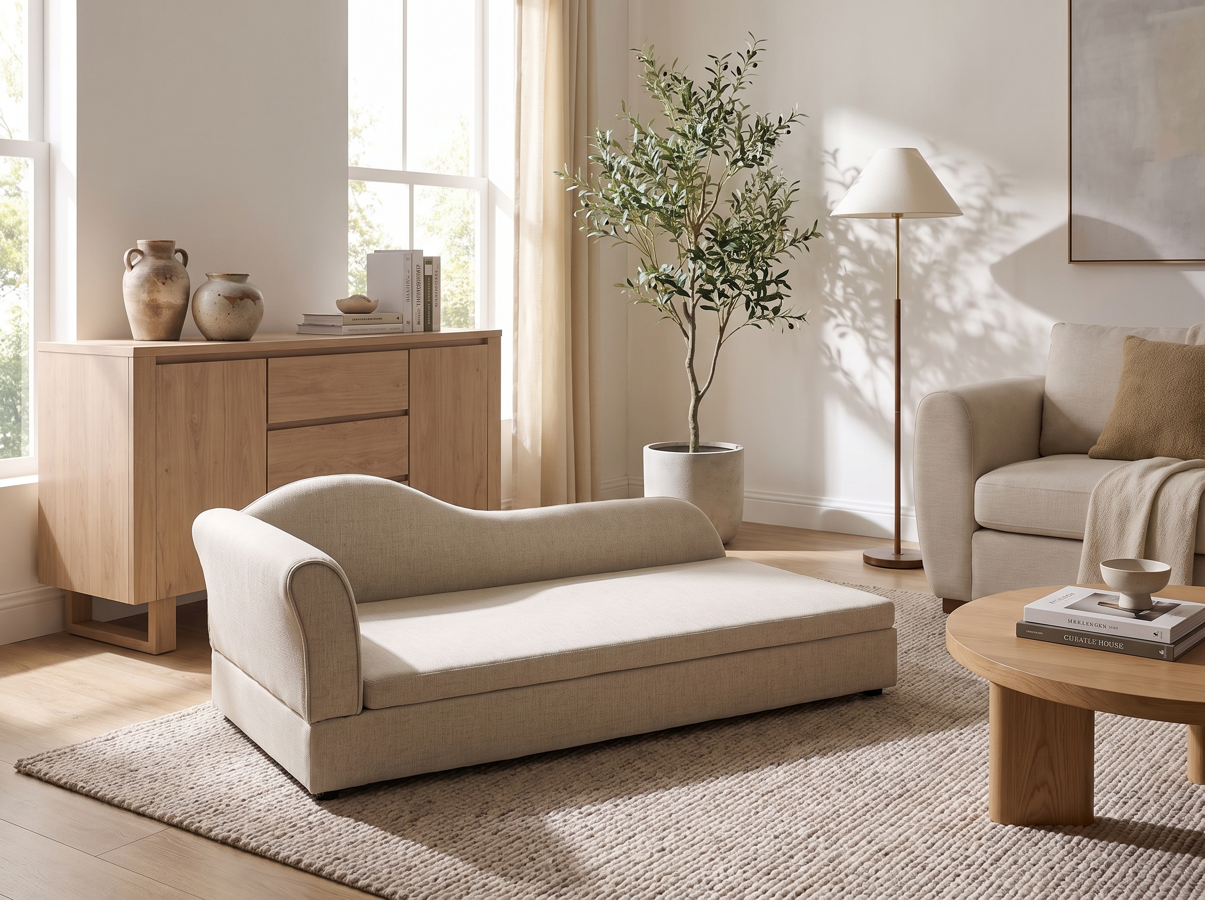 Oversized beige linen pet sofa with a wave backrest in a spacious modern living room with natural light