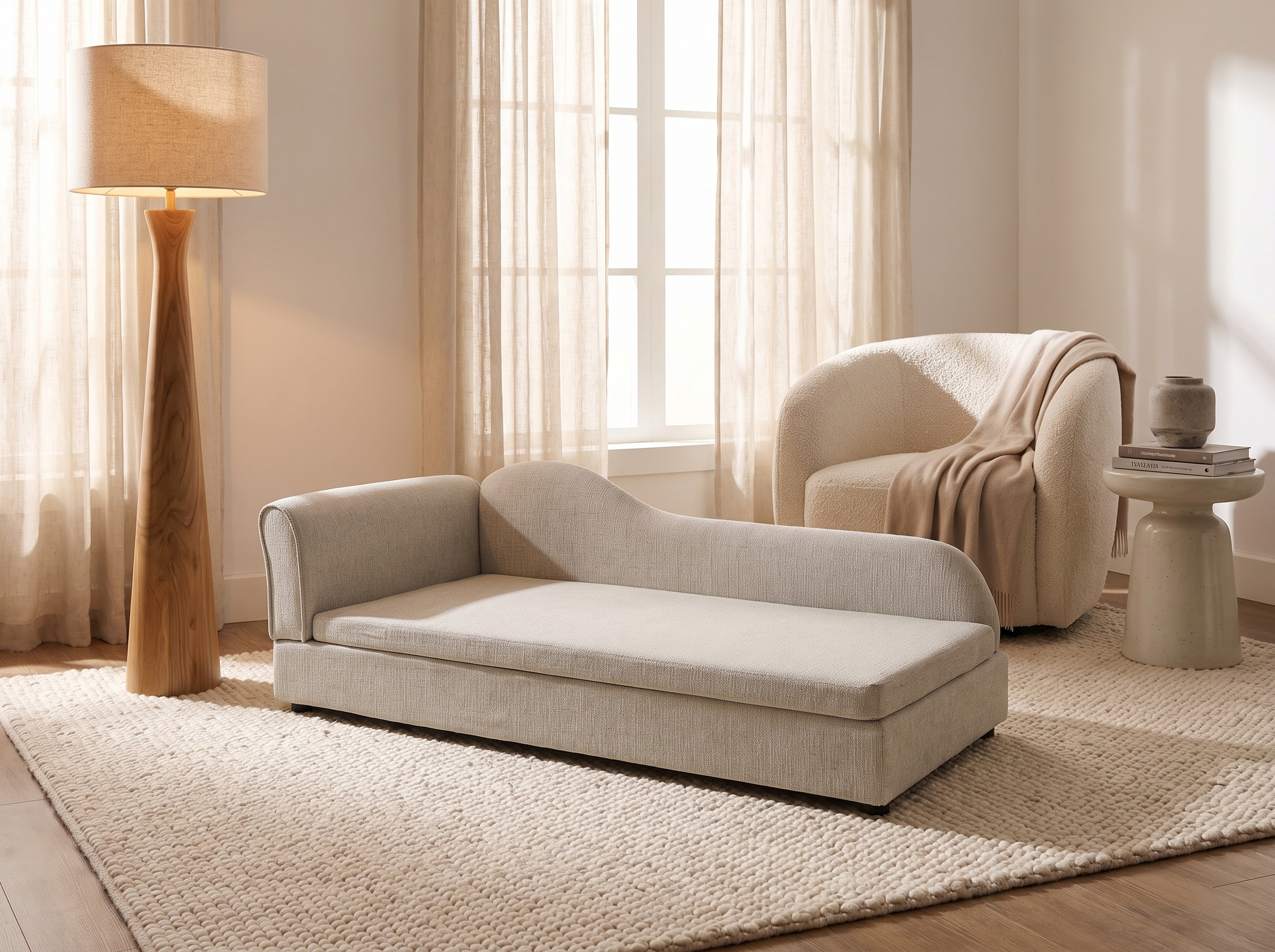 The beige pet sofa styled beside a sculptural floor lamp and boucle chair on a wool rug