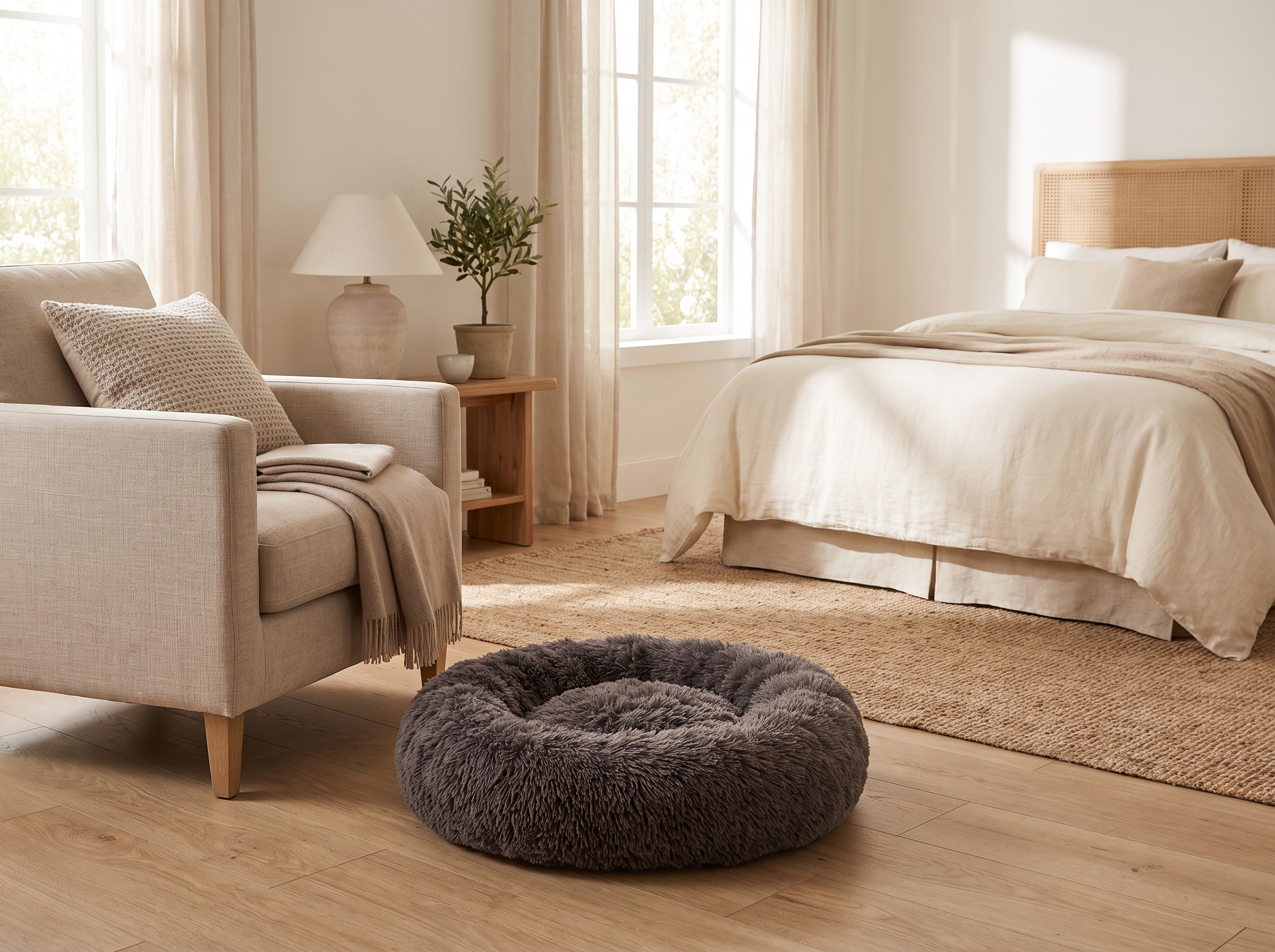 Round plush dog bed with raised edge placed beside a linen armchair in a softly lit neutral bedroom