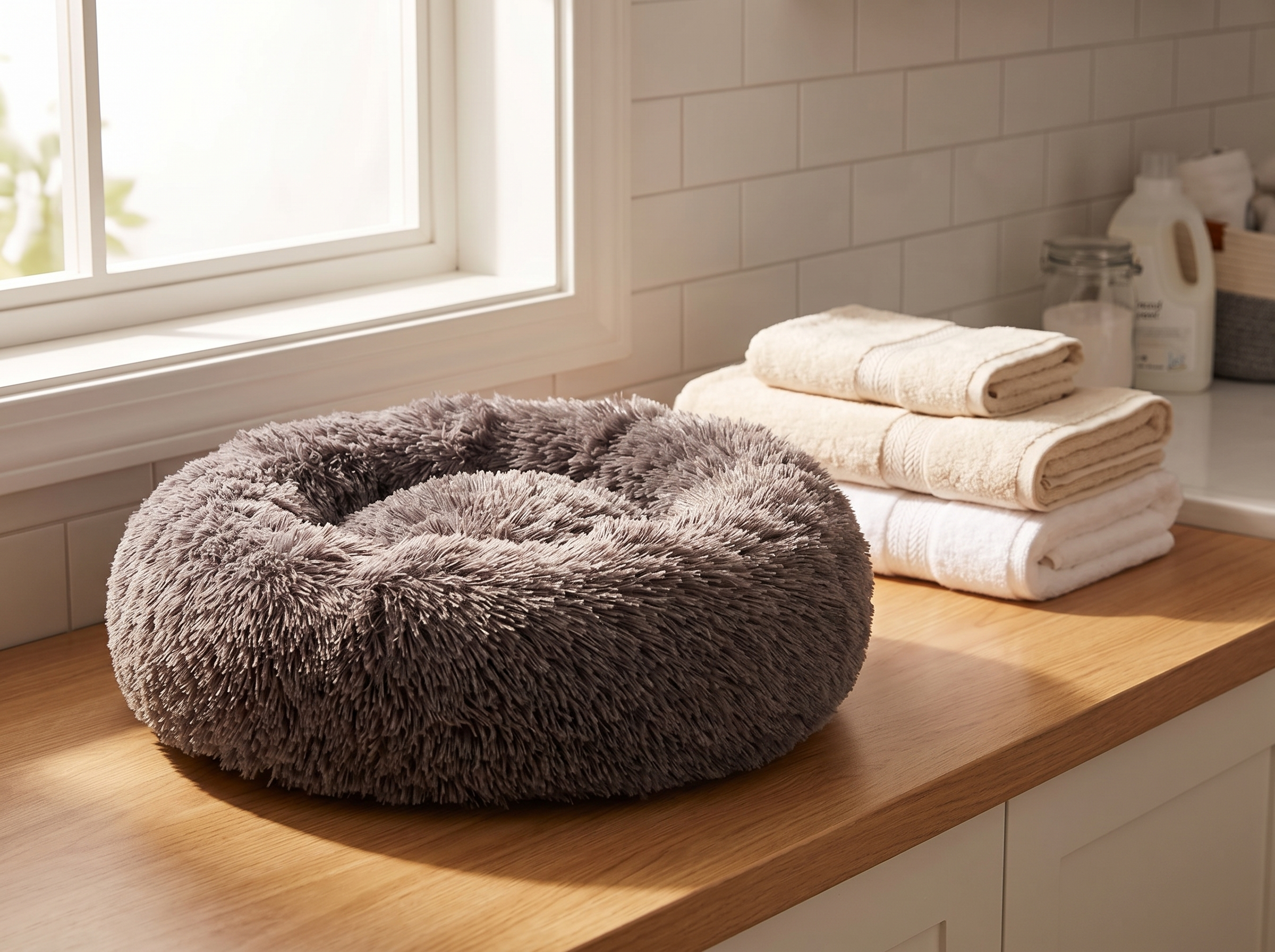 Plush round dog bed sitting on a laundry room counter beside folded towels in bright daylight