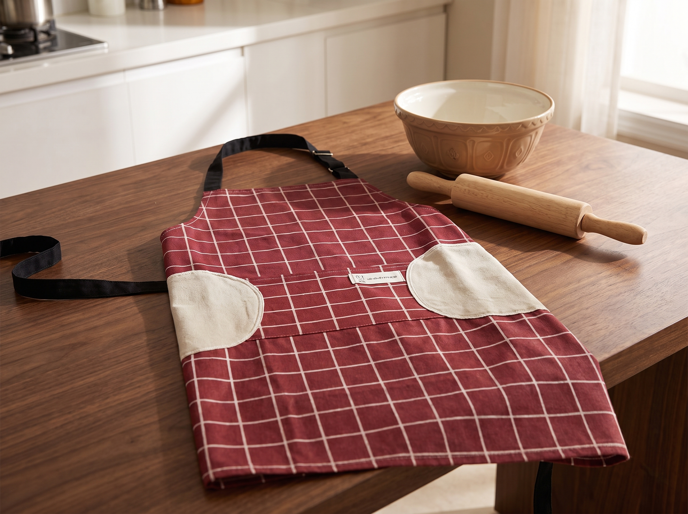 Red plaid apron laid flat on a wooden table beside a mixing bowl and rolling pin