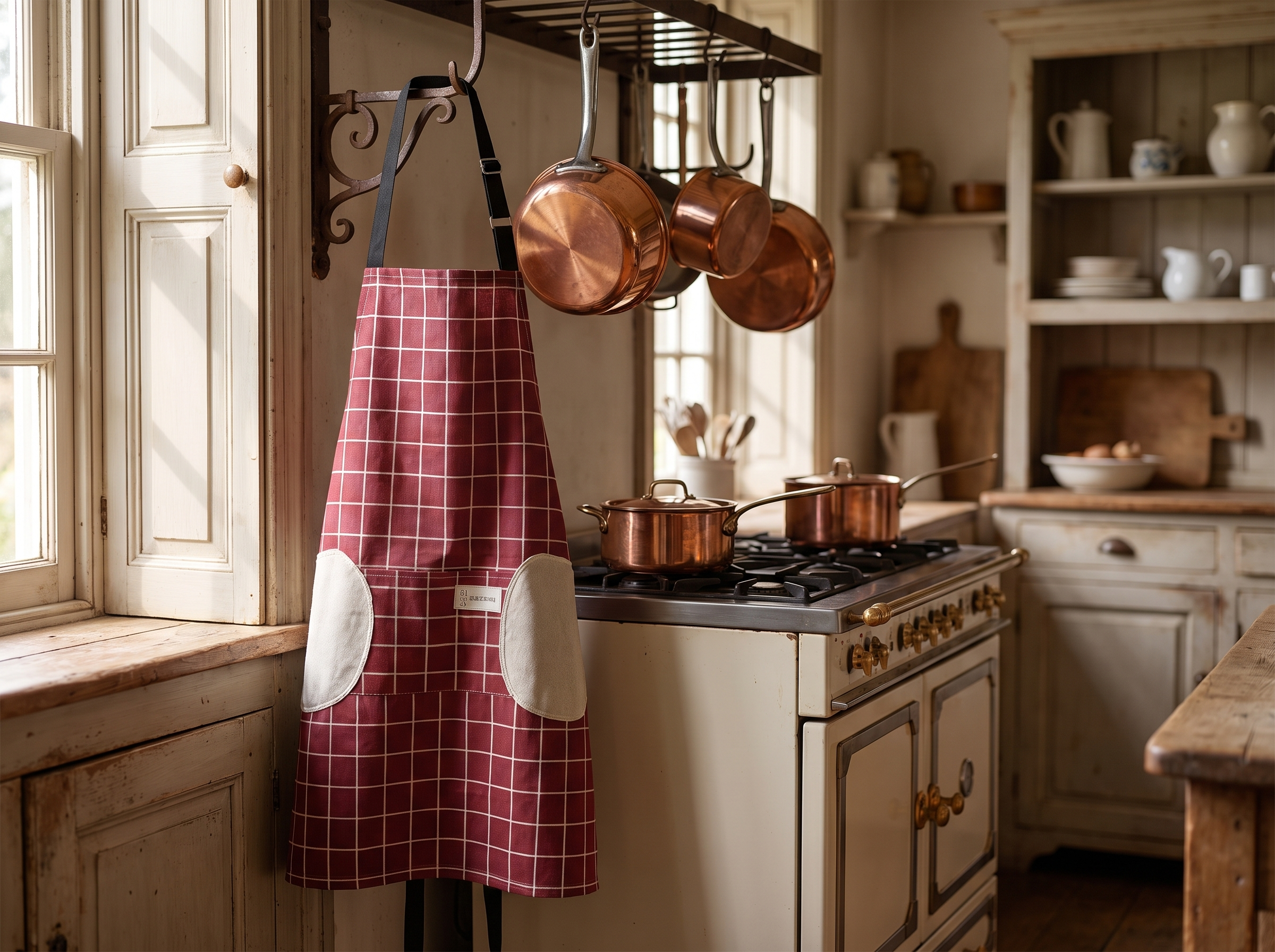 Red plaid apron hanging on a hook beside a farmhouse stove with copper pots in warm light
