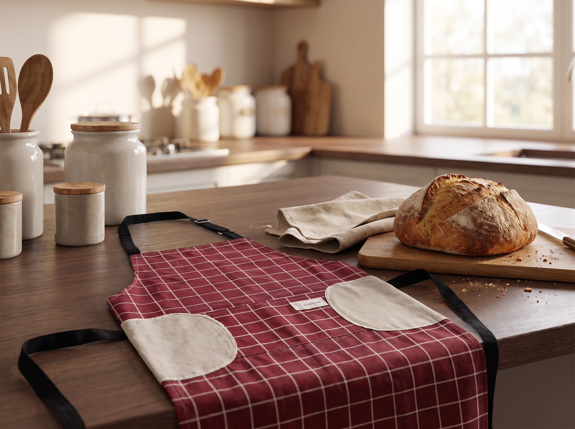 Red plaid apron styled on a kitchen counter with fresh baked bread and a linen towel