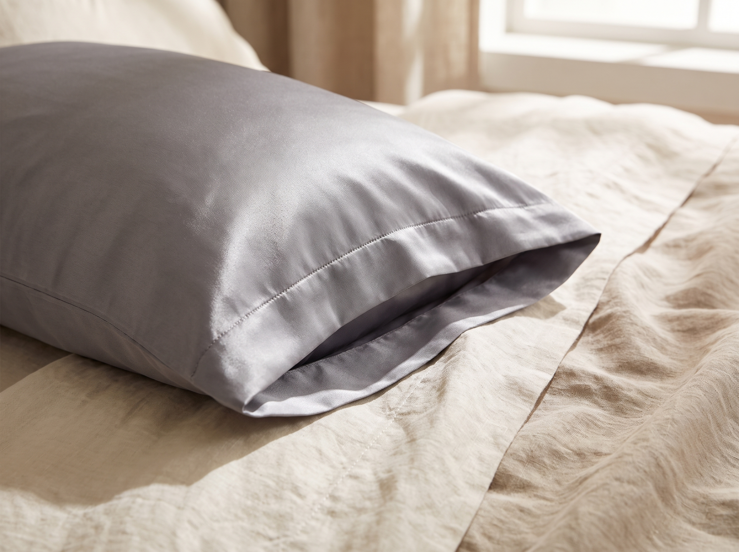 Close detail of the envelope closure flap on the silk pillowcase against crisp neutral bedding