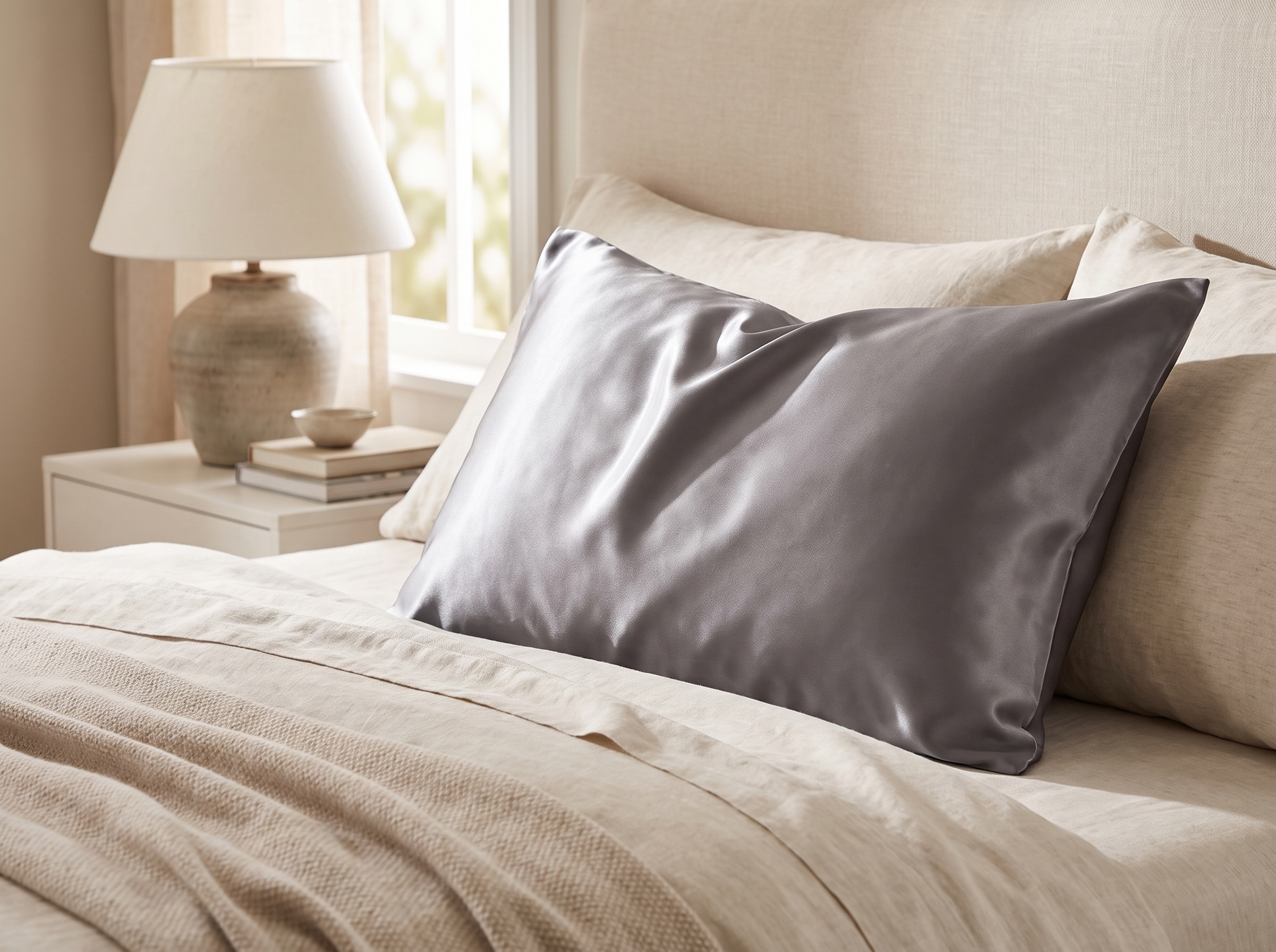 Double sided silk envelope pillowcase on a made bed with light catching the sheen from both faces