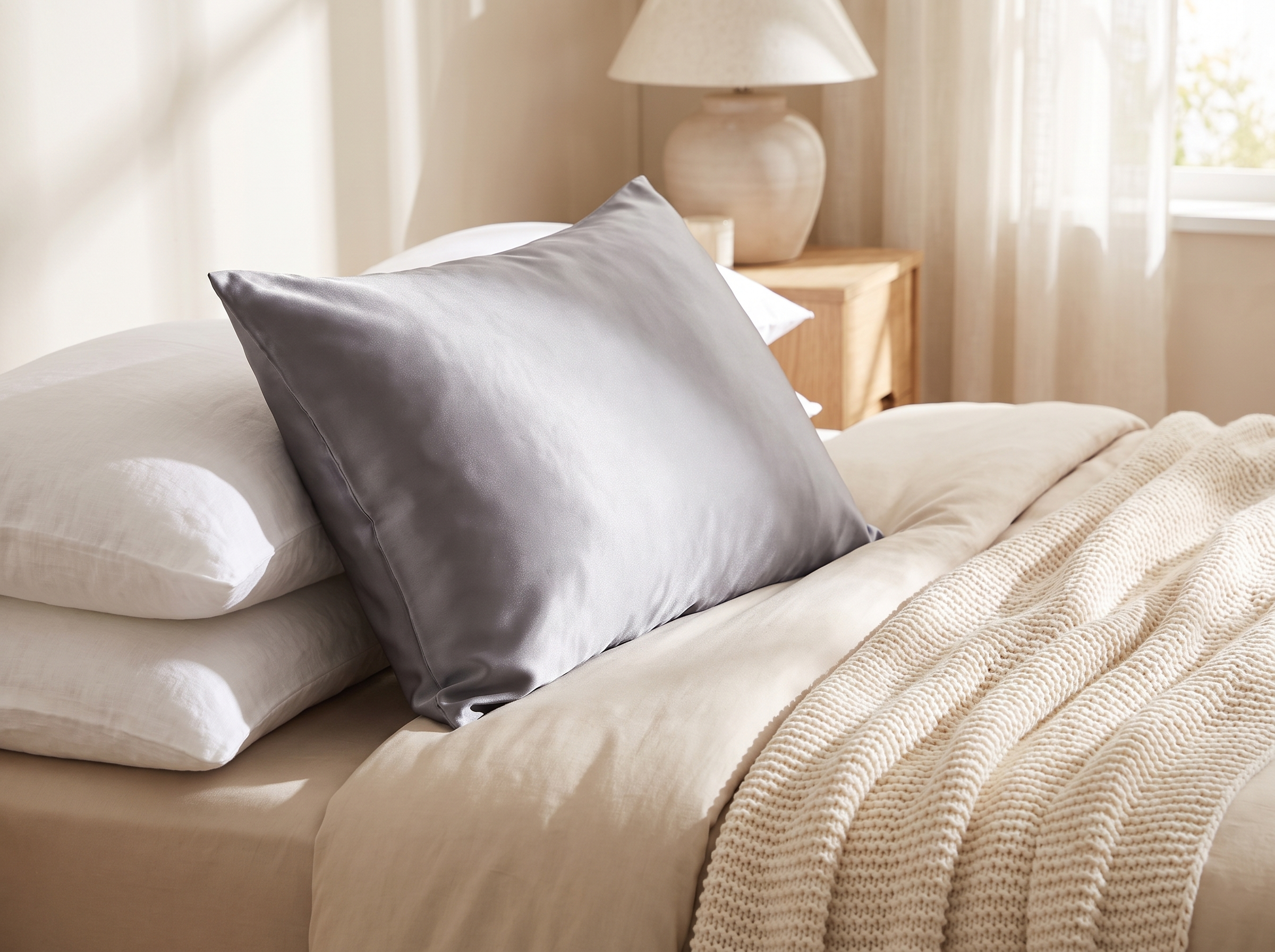 Silk envelope pillowcase styled on a neutral bed with a folded throw and morning window light